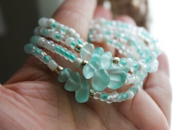 Handmade Seed Beaded Aqua Sea Glass BraceletSea Glass Jewelry | Sea Glass Bracelet | Beach Wedding Jewelry | Beach Glass Jewelry Gift - image2